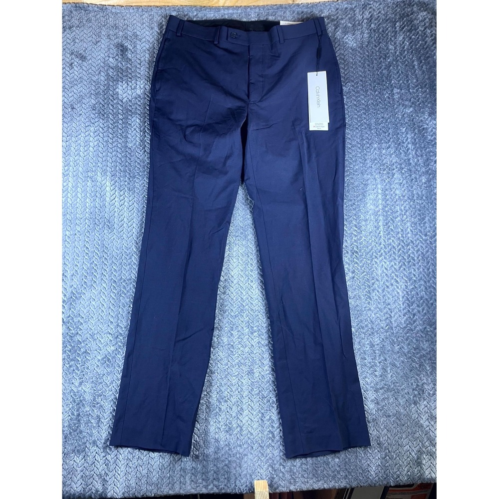 Calvin Klein Slim Fit Dress Pants Men 36x34 Navy Blue Wool Mid Rise Straight Leg